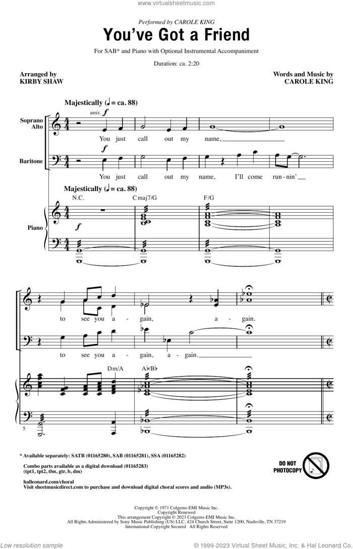 You've Got A Friend (arr. Kirby Shaw) sheet music for choir (SAB: soprano, alto, bass) by Carole King and Kirby Shaw, intermediate skill level
