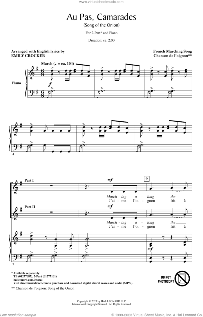 Au Pas, Camarades (Song Of The Onion) (arr. Emily Crocker) sheet music for choir (2-Part) by French Marching Song and Emily Crocker, intermediate duet