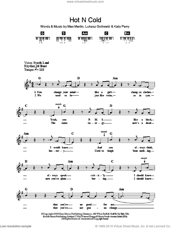 Hot N Cold sheet music for voice and other instruments (fake book) by Katy Perry, Lukasz Gottwald and Max Martin, intermediate skill level