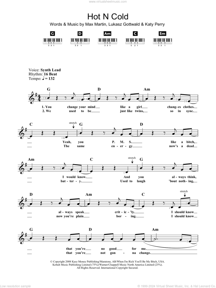 Hot N Cold sheet music for voice and other instruments (fake book) by Katy Perry, Lukasz Gottwald and Max Martin, intermediate skill level