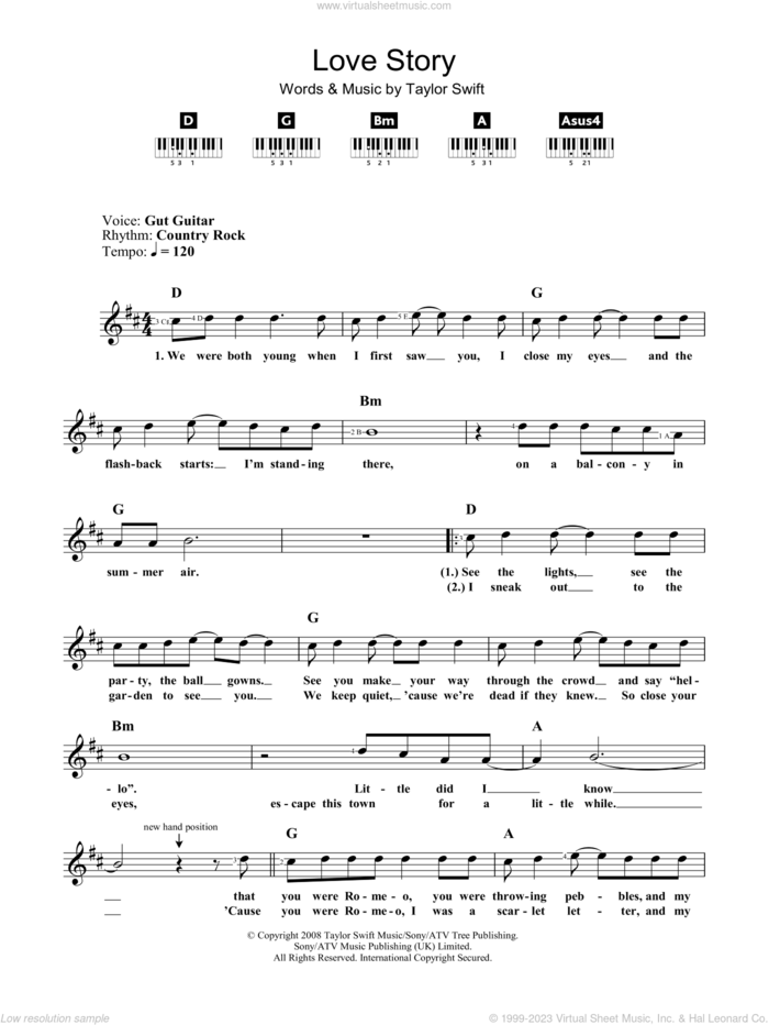 Love Story sheet music for voice and other instruments (fake book) by Taylor Swift, intermediate skill level