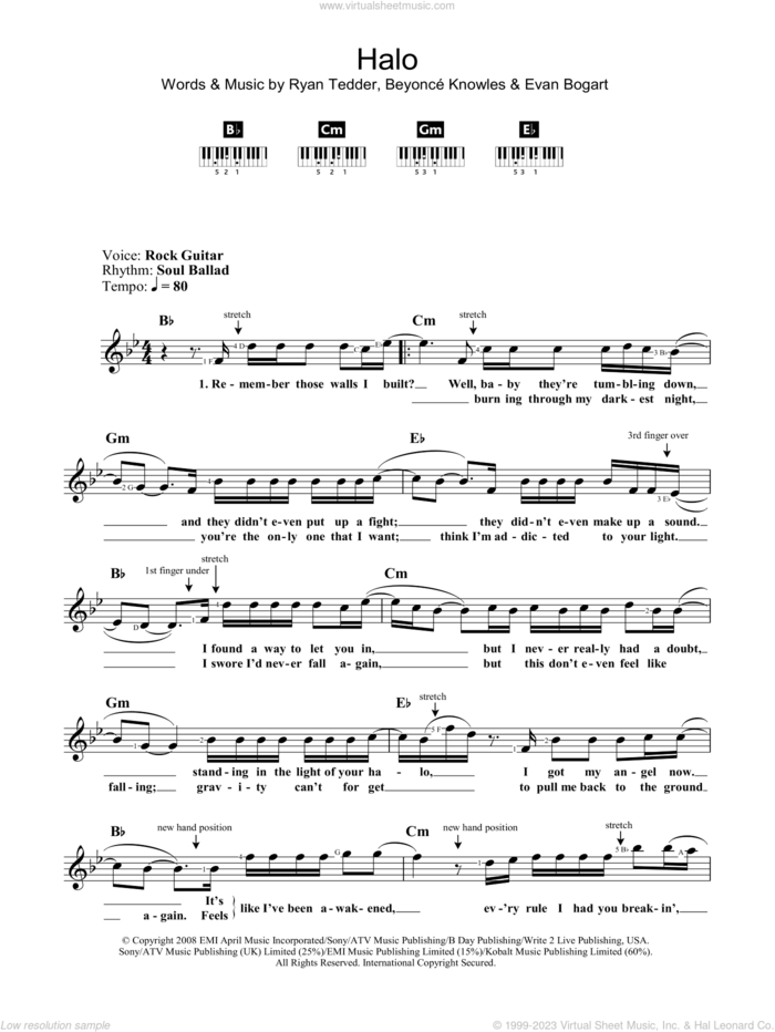 Halo sheet music for voice and other instruments (fake book) by Beyonce, Beyonce, Evan Bogart and Ryan Tedder, intermediate skill level