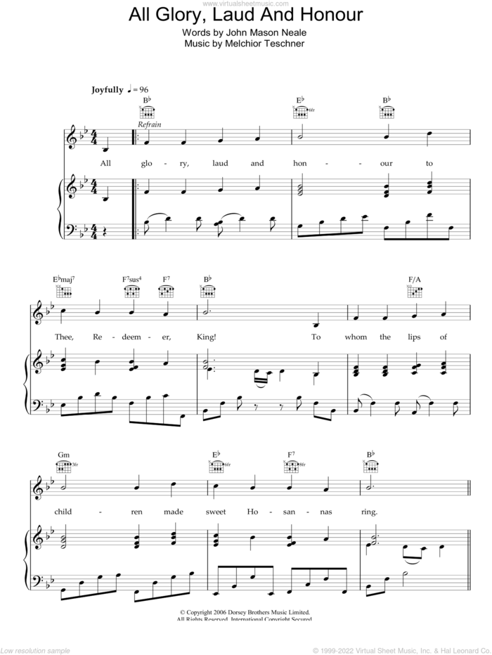 All Glory, Laud And Honor sheet music for voice, piano or guitar by John Mason Neale and Melchior Teschner, intermediate skill level