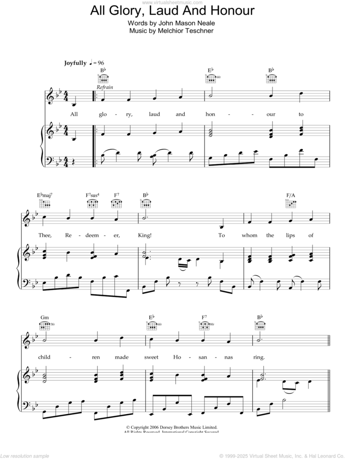 All Glory, Laud And Honor sheet music for voice, piano or guitar by John Mason Neale and Melchior Teschner, intermediate skill level