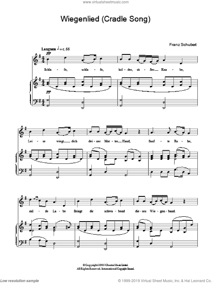 Wiegenlied (Cradle Song) Op.98 No.2 sheet music for piano solo by Franz Schubert, classical score, easy skill level