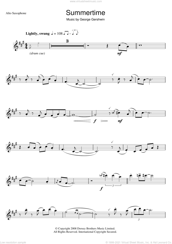 Summertime sheet music for alto saxophone solo by George Gershwin, intermediate skill level