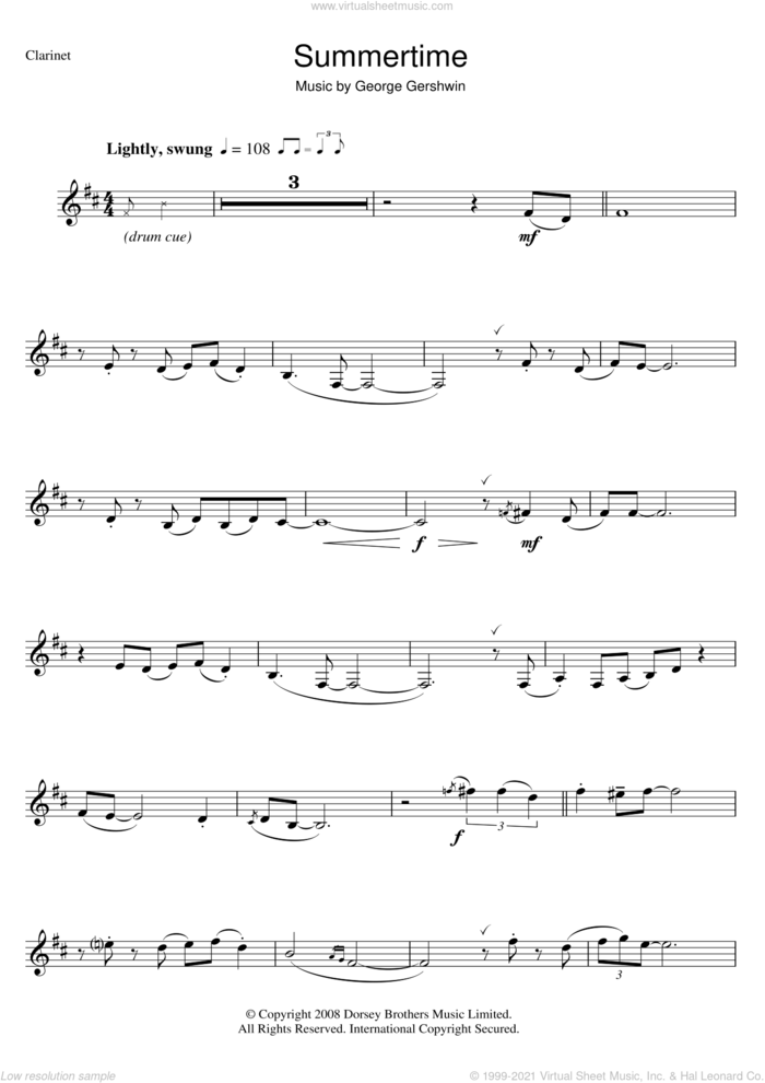 Summertime sheet music for clarinet solo by George Gershwin, intermediate skill level
