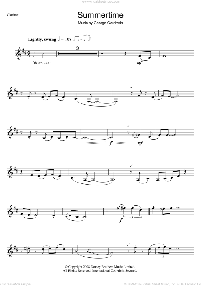 Summertime sheet music for clarinet solo by George Gershwin, intermediate skill level