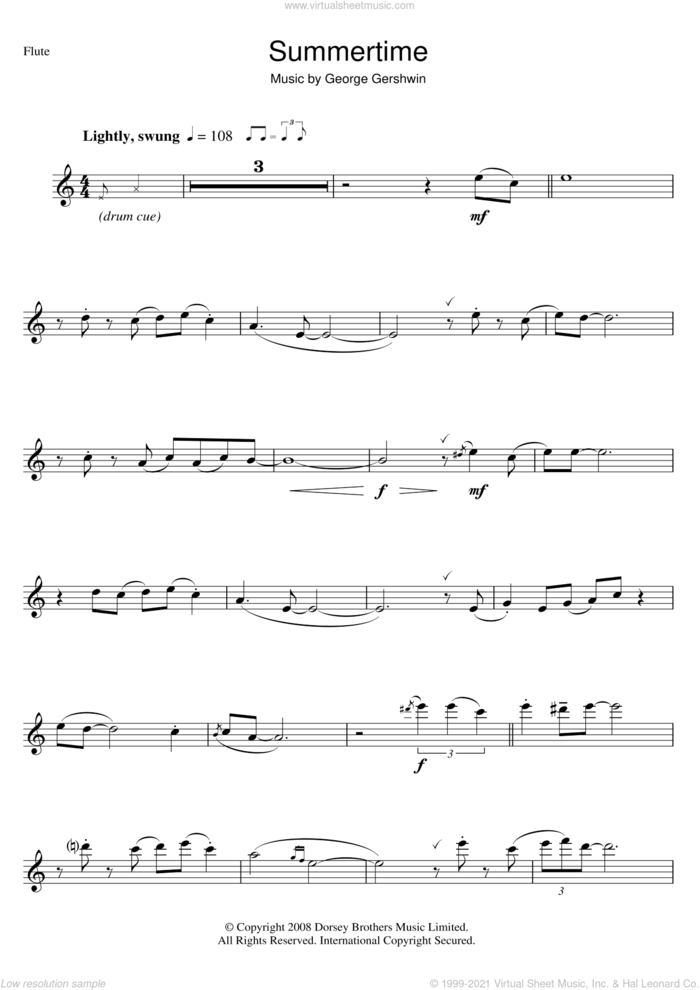 Summertime sheet music for flute solo by George Gershwin, intermediate skill level