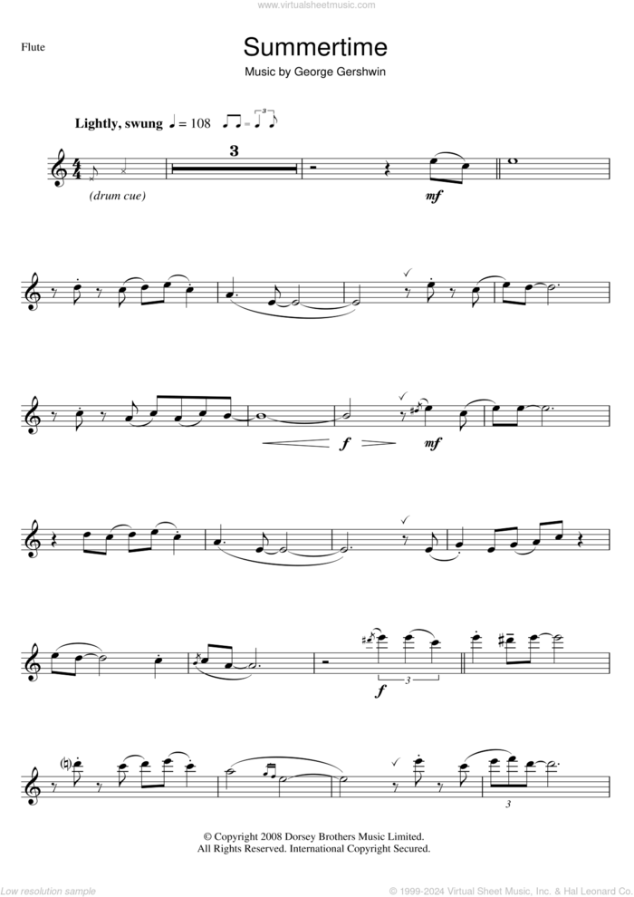 Summertime sheet music for flute solo by George Gershwin, intermediate skill level