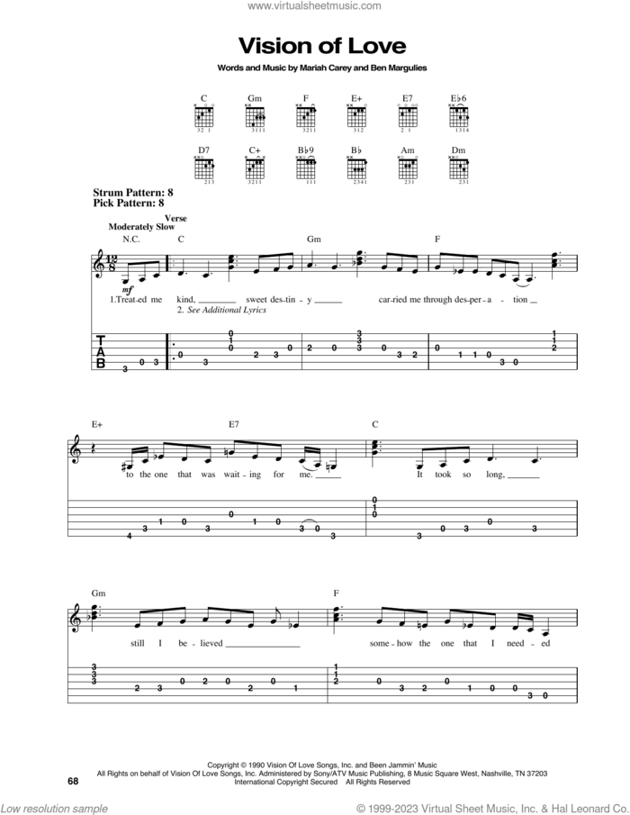 Vision Of Love sheet music for guitar solo (easy tablature) by Mariah Carey and Ben Margulies, easy guitar (easy tablature)