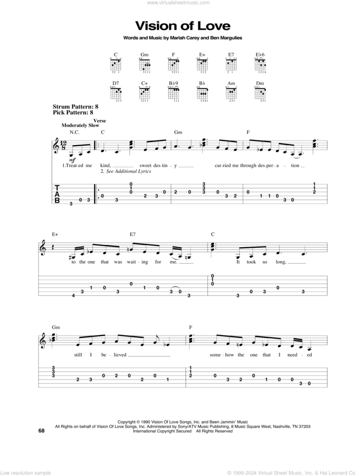 Vision Of Love sheet music for guitar solo (easy tablature) by Mariah Carey and Ben Margulies, easy guitar (easy tablature)