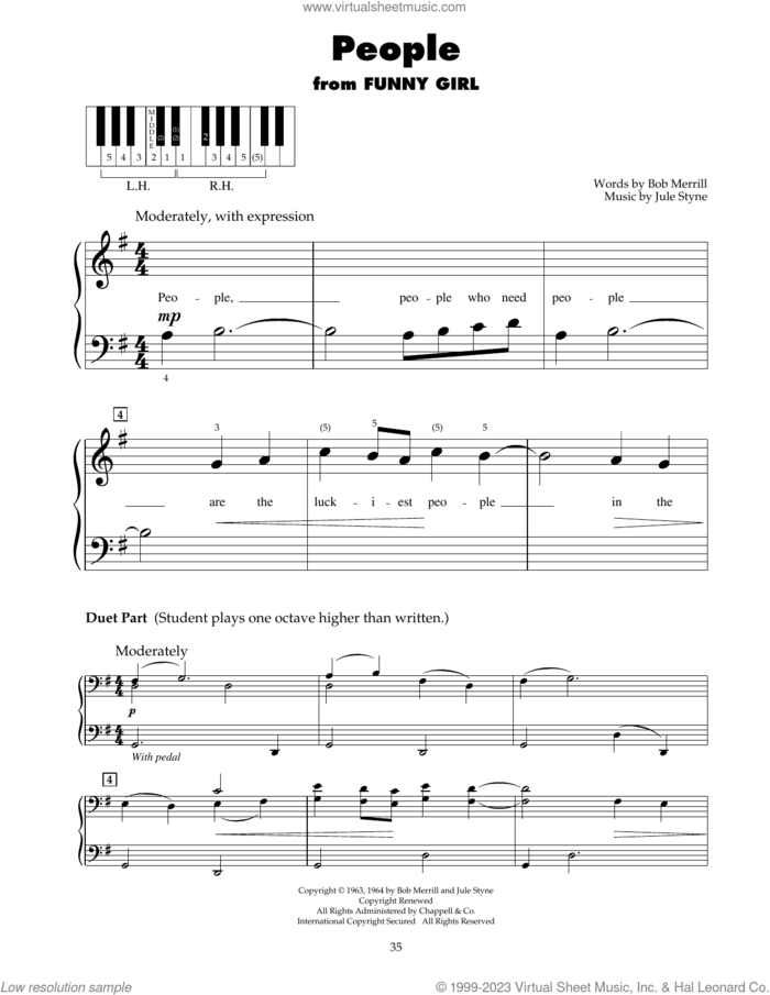People (from Funny Girl) sheet music for piano solo (5-fingers) by Barbra Streisand, Bob Merrill and Jule Styne, beginner piano (5-fingers)