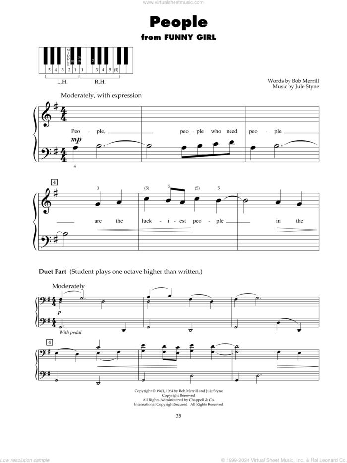 People (from Funny Girl) sheet music for piano solo (5-fingers) by Barbra Streisand, Bob Merrill and Jule Styne, beginner piano (5-fingers)