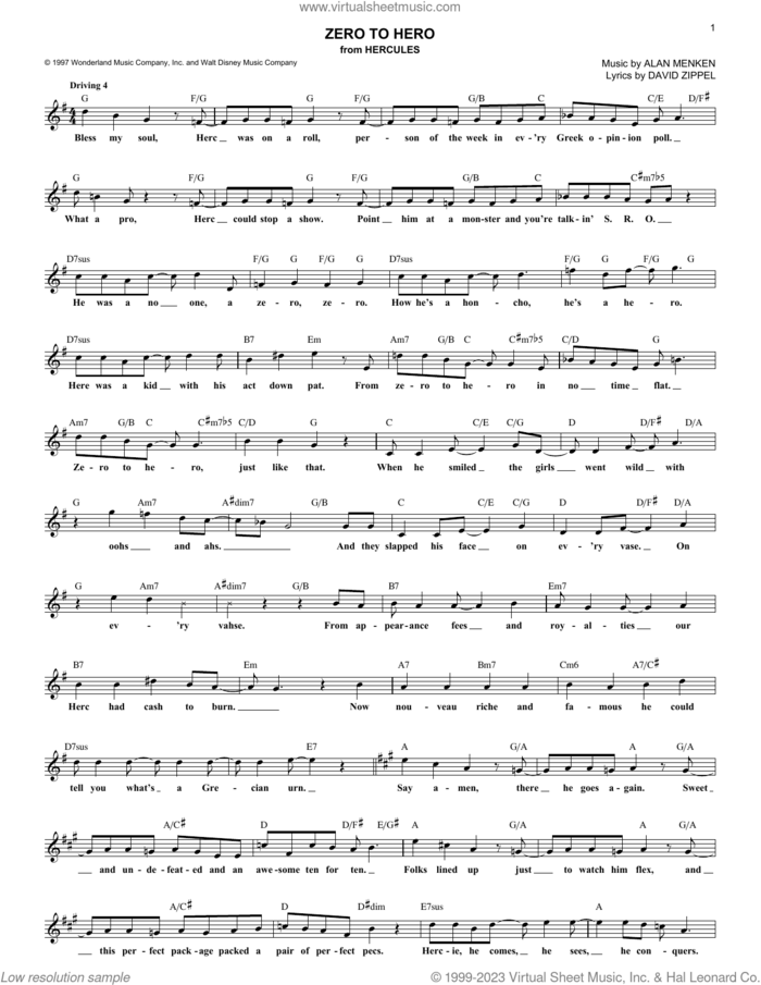 Zero To Hero (from Hercules) sheet music for voice and other instruments (fake book) by Alan Menken, Alan Menken & David Zippel and David Zippel, intermediate skill level