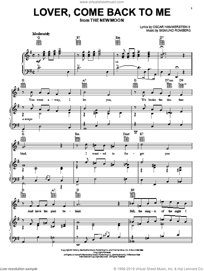 Lover, Come Back To Me sheet music for voice, piano or guitar by Sigmund Romberg and Oscar II Hammerstein, intermediate skill level