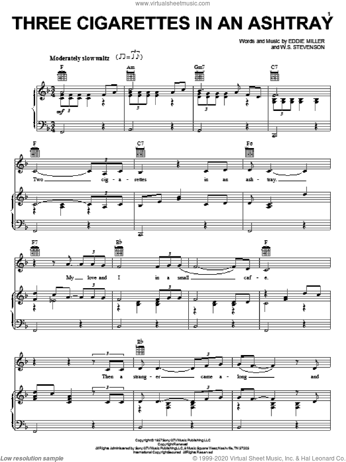 Three Cigarettes In An Ashtray sheet music for voice, piano or guitar by Patsy Cline, Eddie Miller and William Stevenson, intermediate skill level