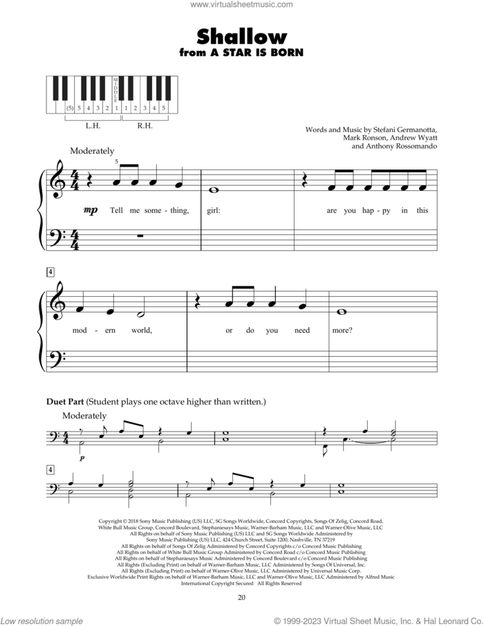 Shallow (from A Star Is Born) sheet music for piano solo (5-fingers) by Lady Gaga & Bradley Cooper, Andrew Wyatt, Anthony Rossomando, Lady Gaga and Mark Ronson, beginner piano (5-fingers)