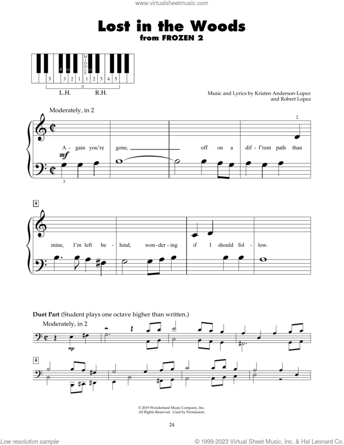 Lost In The Woods (from Disney's Frozen 2) sheet music for piano solo (5-fingers) by Jonathan Groff, Kristen Anderson-Lopez and Robert Lopez, beginner piano (5-fingers)