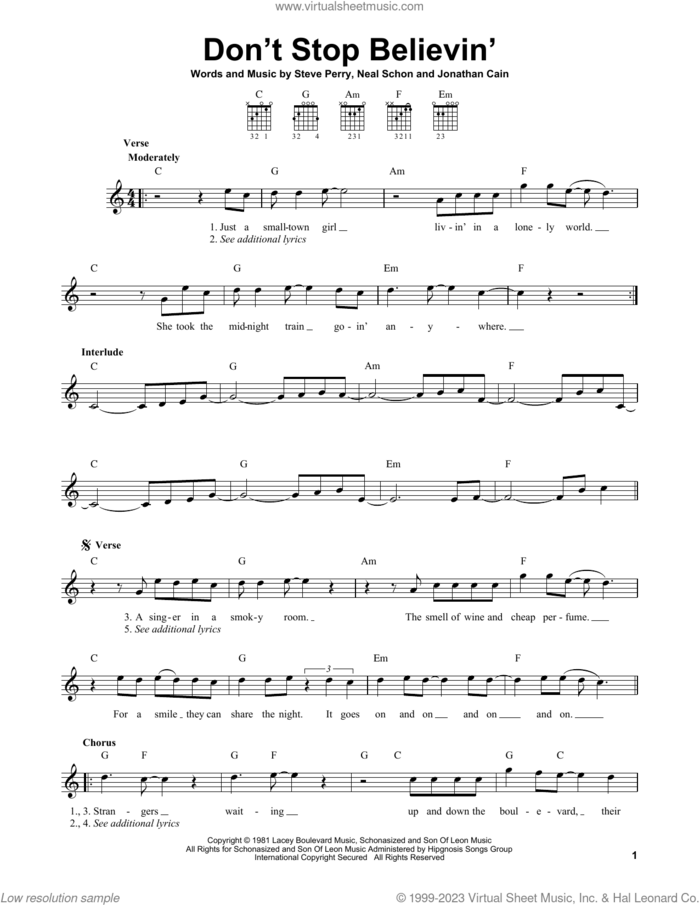 Don't Stop Believin' sheet music for guitar solo (chords) by Journey, Jonathan Cain, Neal Schon and Steve Perry, easy guitar (chords)