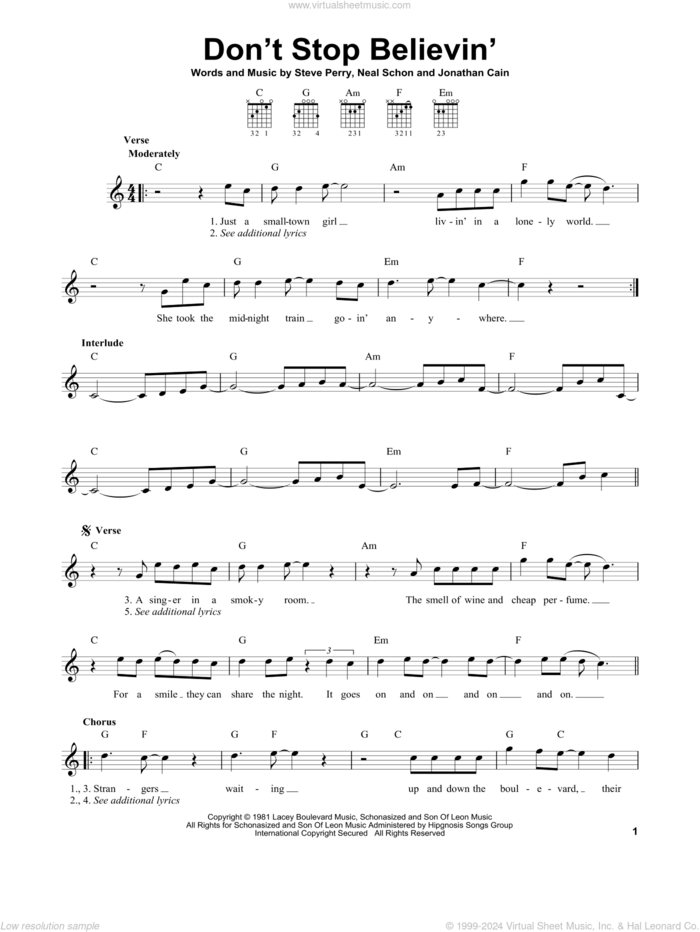 Don't Stop Believin' sheet music for guitar solo (chords) by Journey, Jonathan Cain, Neal Schon and Steve Perry, easy guitar (chords)