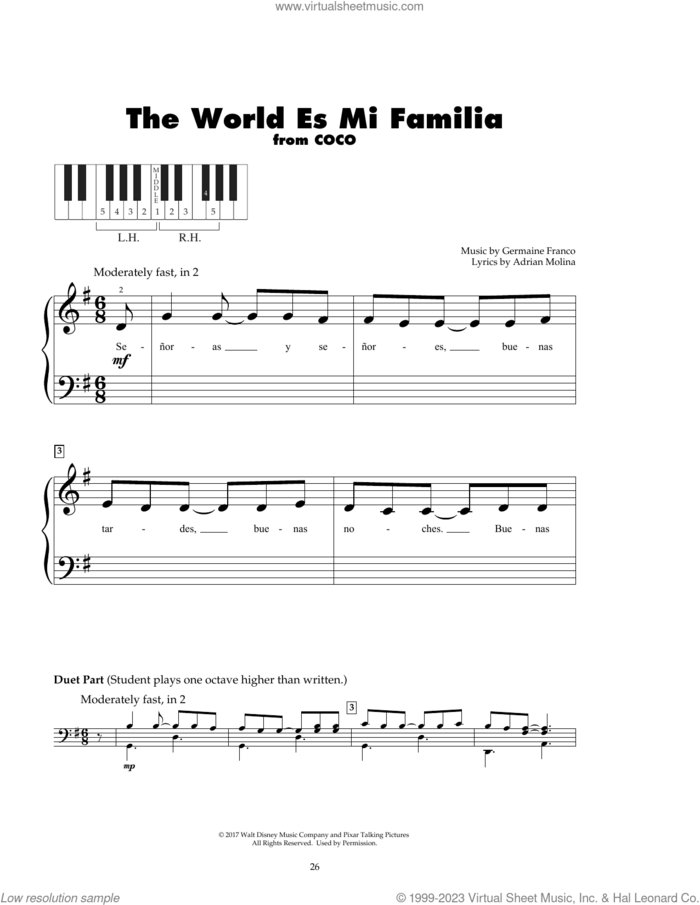 The World Es Mi Familia (from Coco) sheet music for piano solo (5-fingers) by Germaine Franco & Adrian Molina, Adrian Molina and Germaine Franco, beginner piano (5-fingers)
