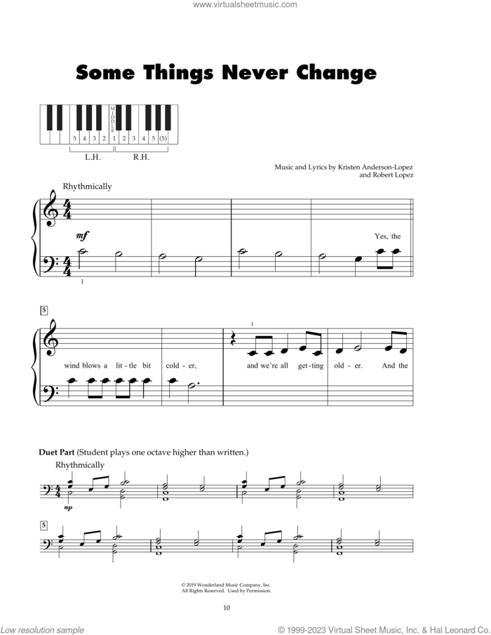 Some Things Never Change (from Disney's Frozen 2) sheet music for piano solo (5-fingers) by Kristen Bell, Idina Menzel and Cast of Frozen 2, Kristen Anderson-Lopez and Robert Lopez, beginner piano (5-fingers)