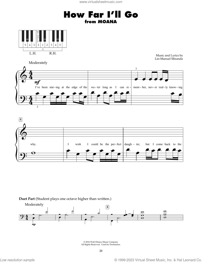 How Far I'll Go (from Moana) sheet music for piano solo (5-fingers) by Lin-Manuel Miranda, beginner piano (5-fingers)