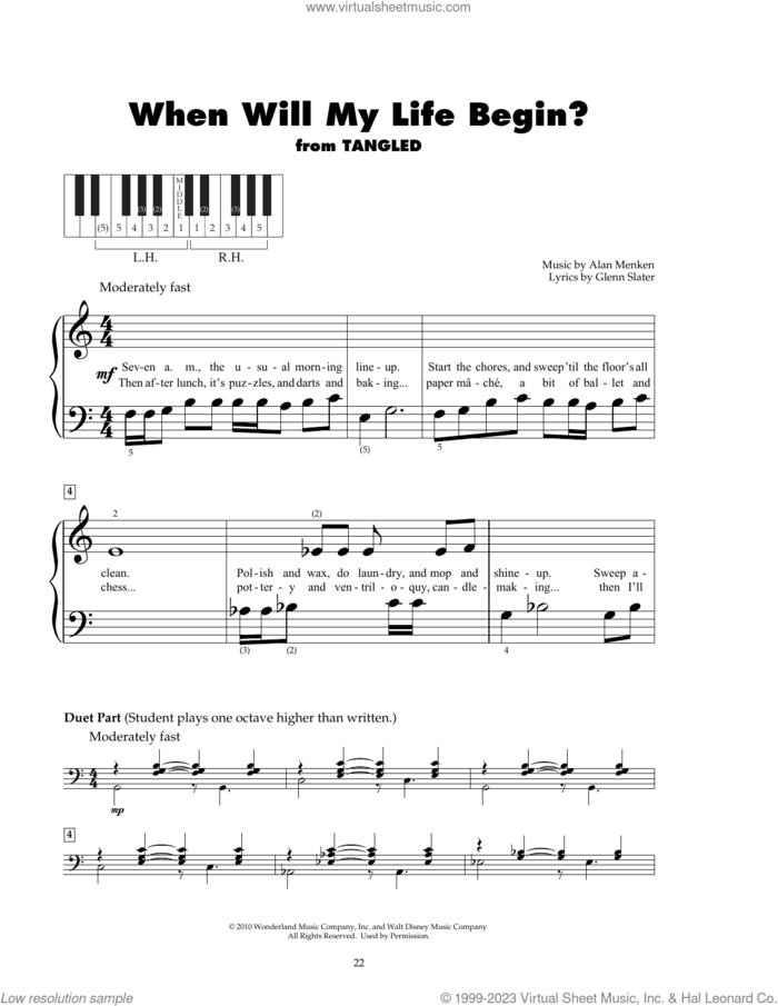 When Will My Life Begin? (from Tangled) sheet music for piano solo (5-fingers) by Mandy Moore, Alan Menken and Glenn Slater, beginner piano (5-fingers)
