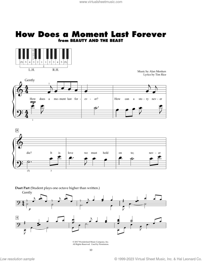 How Does A Moment Last Forever (from Beauty and the Beast) sheet music for piano solo (5-fingers) by Celine Dion, Alan Menken and Tim Rice, beginner piano (5-fingers)