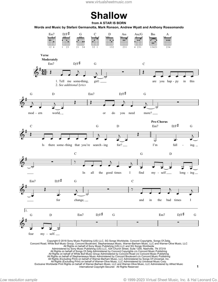 Shallow (from A Star Is Born) sheet music for guitar solo (chords) by Lady Gaga & Bradley Cooper, Andrew Wyatt, Anthony Rossomando, Lady Gaga and Mark Ronson, easy guitar (chords)