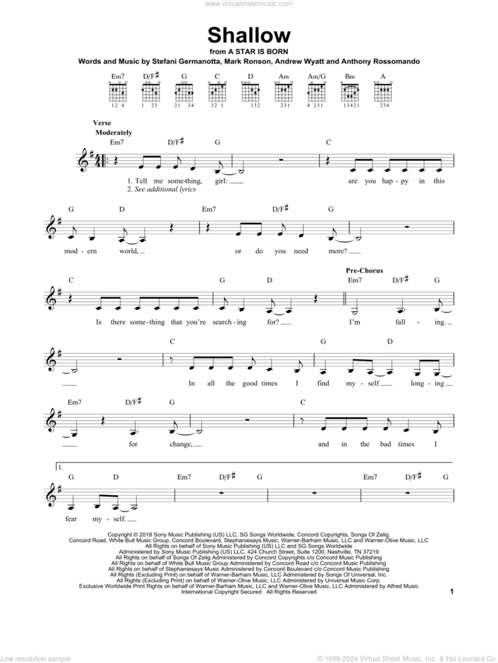 Shallow (from A Star Is Born) sheet music for guitar solo (chords) by Lady Gaga & Bradley Cooper, Andrew Wyatt, Anthony Rossomando, Lady Gaga and Mark Ronson, easy guitar (chords)