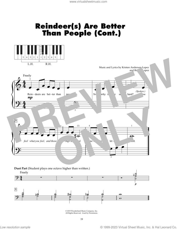 Reindeer(s) Are Better Than People (Cont.) (from Disney's Frozen 2) sheet music for piano solo (5-fingers) by Jonathan Groff, Kristen Anderson-Lopez and Robert Lopez, beginner piano (5-fingers)