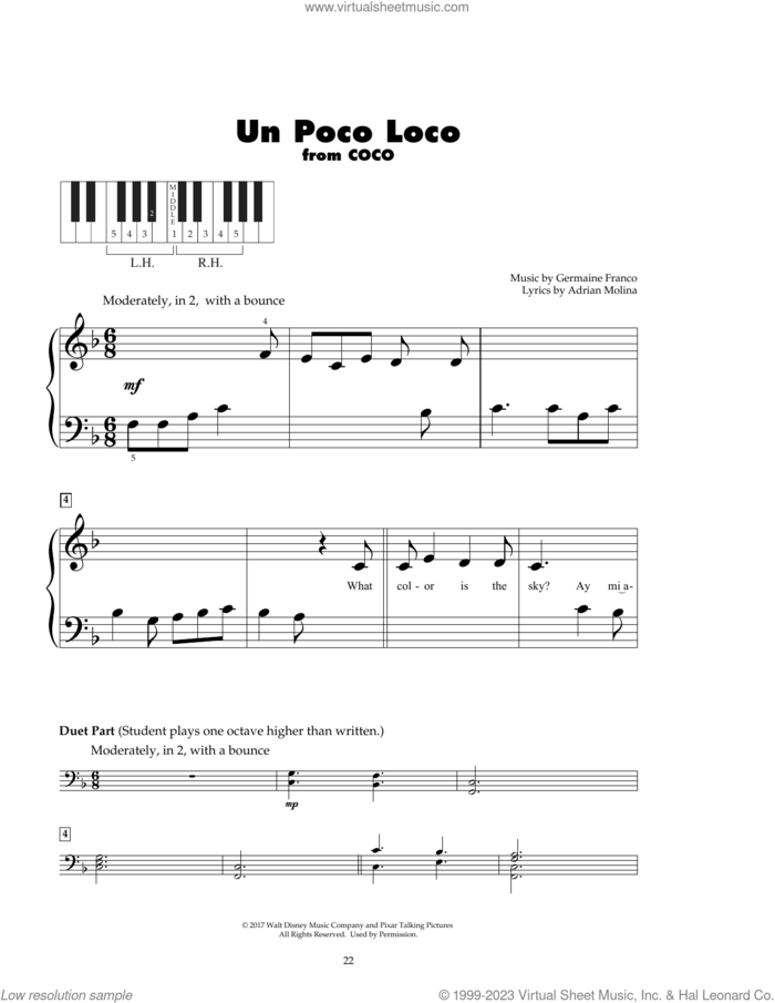 Un Poco Loco (from Coco) sheet music for piano solo (5-fingers) by Germaine Franco & Adrian Molina, Adrian Molina and Germaine Franco, beginner piano (5-fingers)