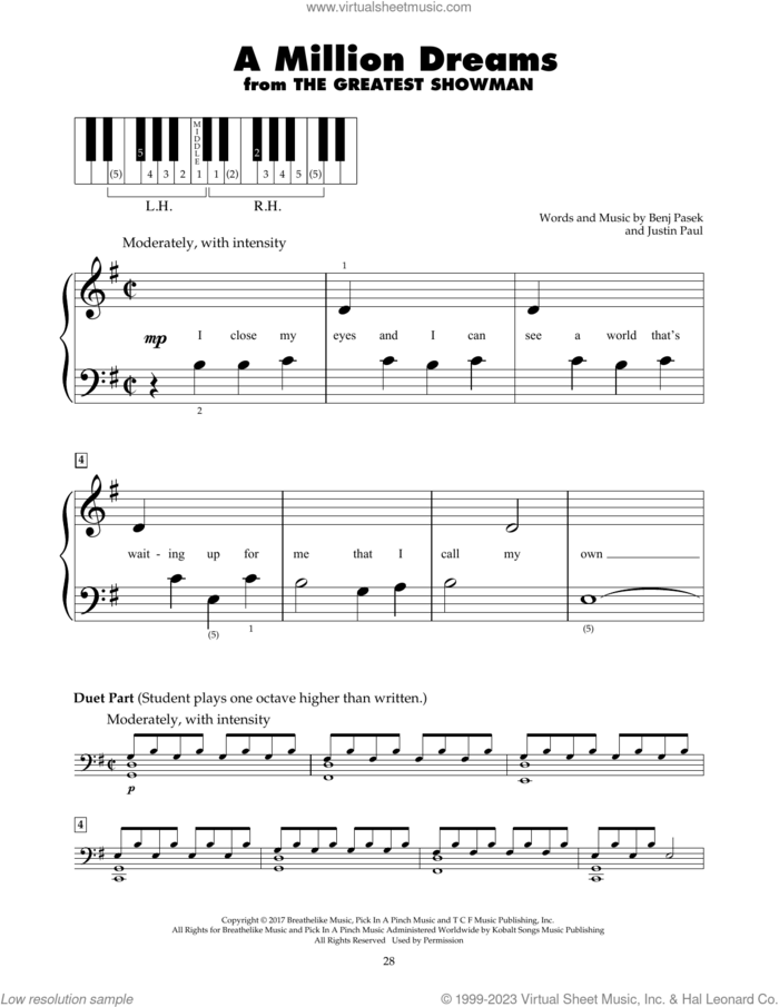 A Million Dreams (from The Greatest Showman) sheet music for piano solo (5-fingers) by Pasek & Paul, Benj Pasek and Justin Paul, beginner piano (5-fingers)