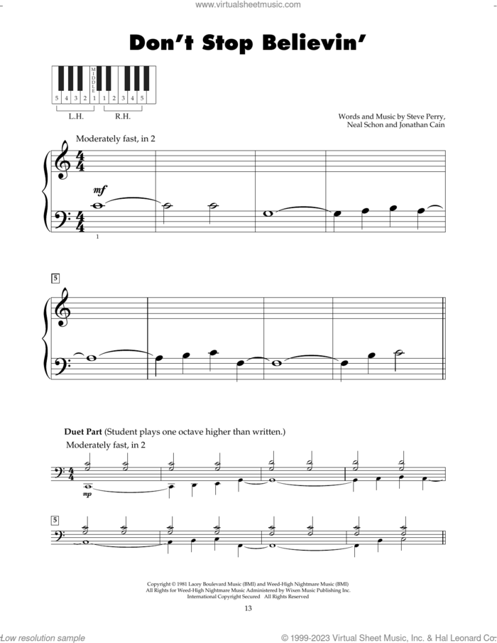 Don't Stop Believin' sheet music for piano solo (5-fingers) by Journey, Jonathan Cain, Neal Schon and Steve Perry, beginner piano (5-fingers)