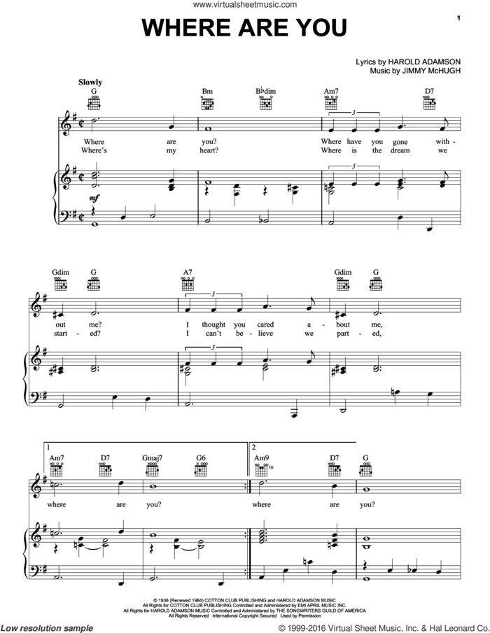 Where Are You sheet music for voice, piano or guitar by Frank Sinatra, Harold Adamson and Jimmy McHugh, intermediate skill level