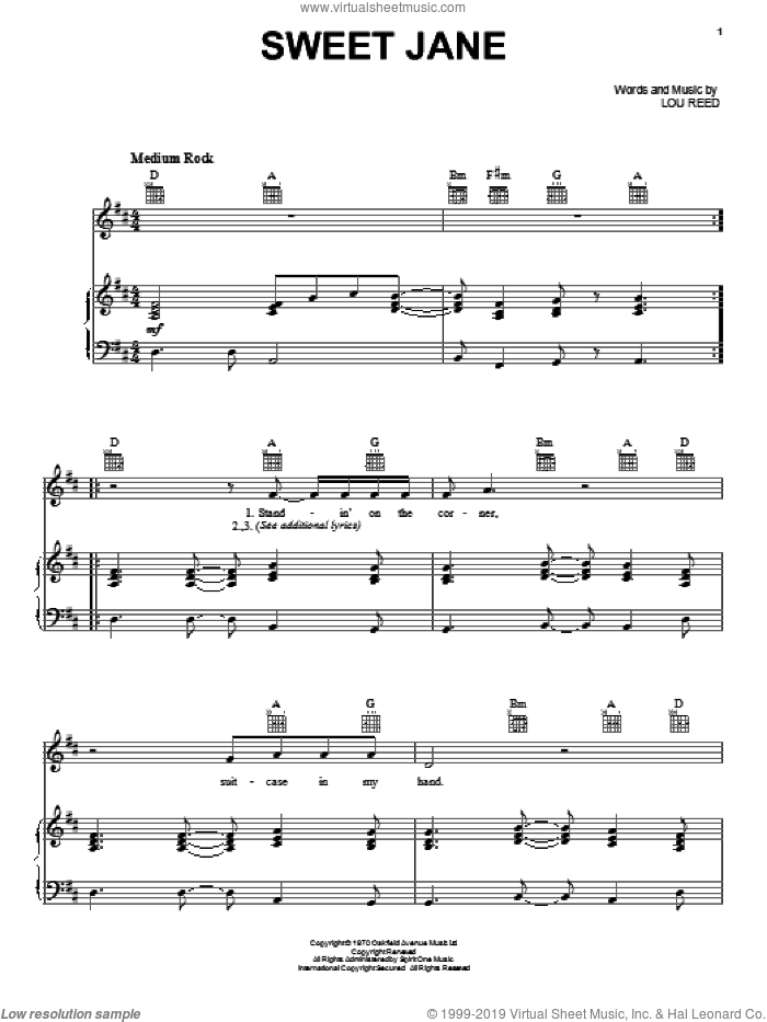 Sweet Jane sheet music for voice, piano or guitar by The Velvet Underground, Cowboy Junkies and Lou Reed, intermediate skill level