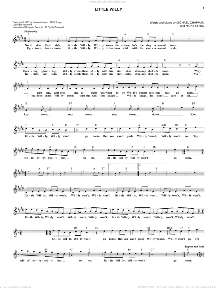 Little Willy sheet music for voice, piano or guitar by Sweet, Mike Chapman and Nicky Chinn, intermediate skill level