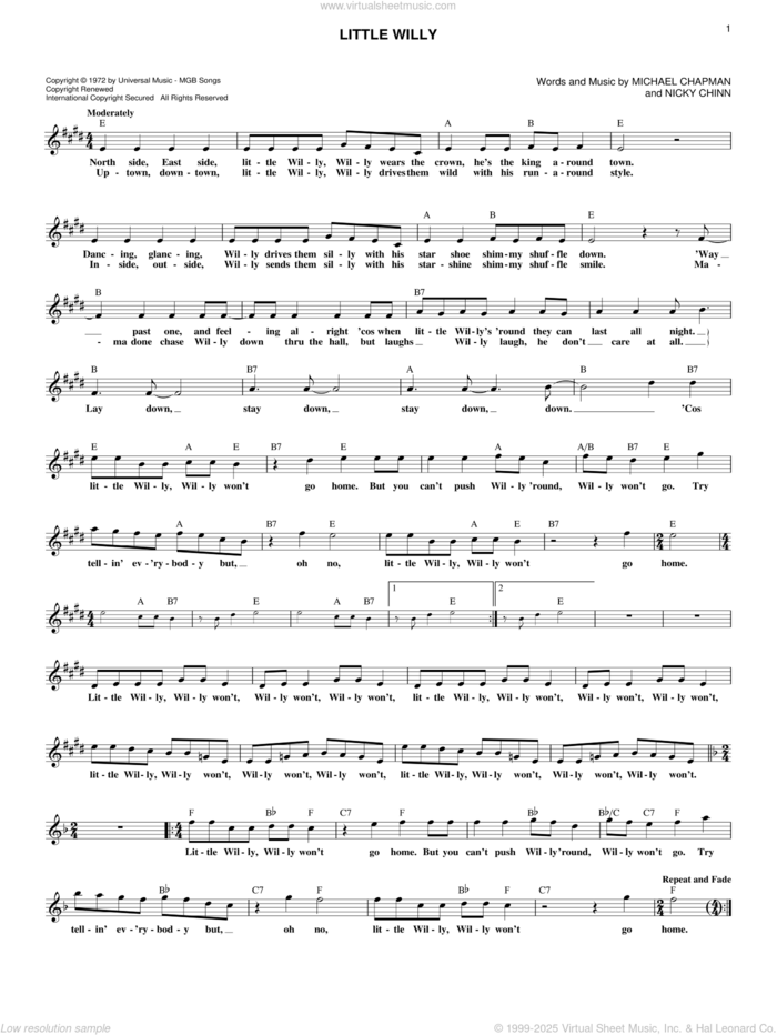 Little Willy sheet music for voice, piano or guitar by Sweet, Mike Chapman and Nicky Chinn, intermediate skill level