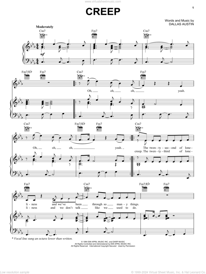 Creep sheet music for voice, piano or guitar by Dallas Austin and Marqueze Etheridge, intermediate skill level