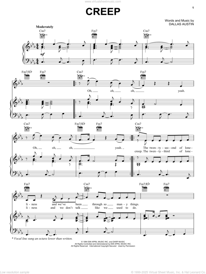 Creep sheet music for voice, piano or guitar by Marqueze Etheridge and Dallas Austin, intermediate skill level