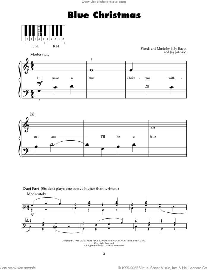 Blue Christmas sheet music for piano solo (5-fingers) by Elvis Presley, Billy Hayes and Jay Johnson, beginner piano (5-fingers)