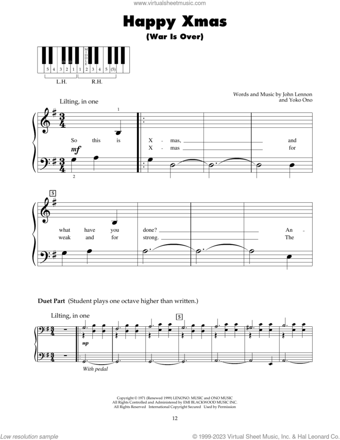 Happy Xmas (War Is Over) sheet music for piano solo (5-fingers) by John Lennon and Yoko Ono, beginner piano (5-fingers)
