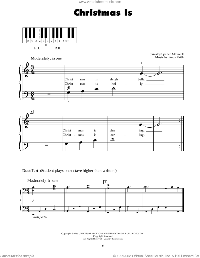 Christmas Is sheet music for piano solo (5-fingers) by Percy Faith and Spence Maxwell, beginner piano (5-fingers)