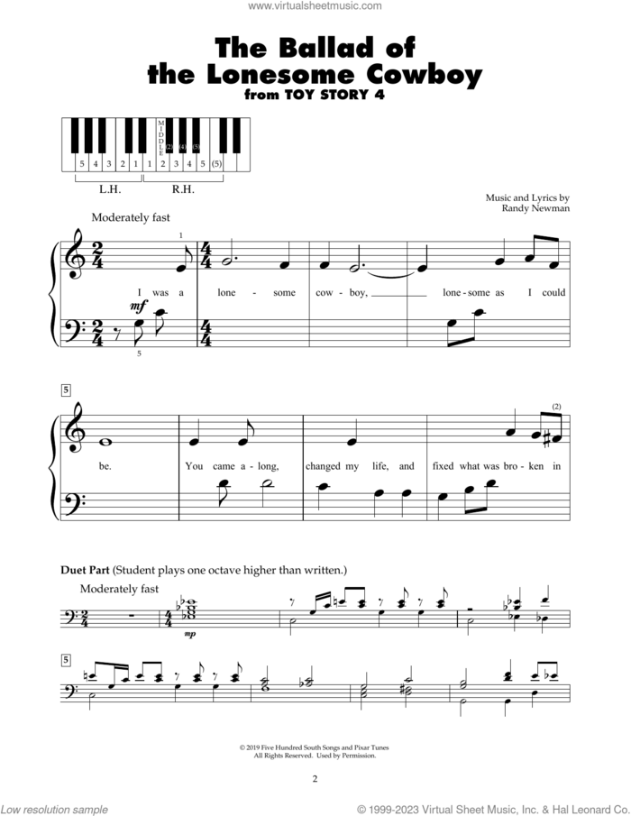 The Ballad Of The Lonesome Cowboy (from Toy Story 4) sheet music for piano solo (5-fingers) by Chris Stapleton and Randy Newman, beginner piano (5-fingers)