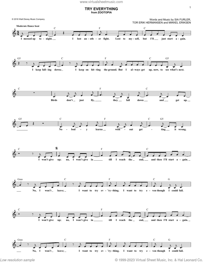 Try Everything (from Zootopia) sheet music for voice and other instruments (fake book) by Shakira, Mikkel Eriksen, Sia Furler and Tor Erik Hermansen, intermediate skill level
