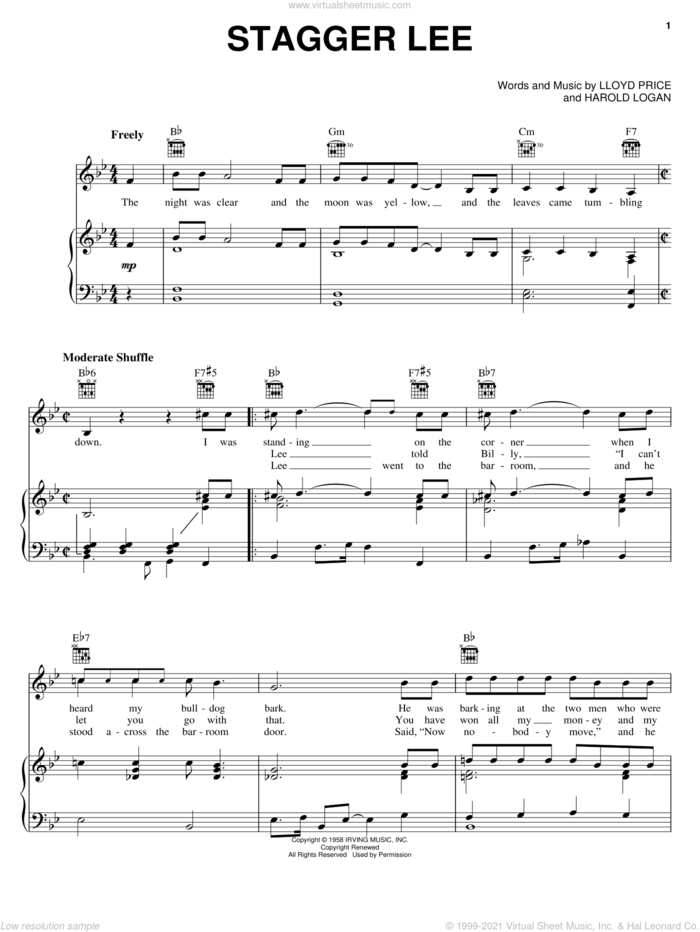 Stagger Lee sheet music for voice, piano or guitar by Lloyd Price, Ike & Tina Turner, Taj Mahal and Harold Logan, intermediate skill level
