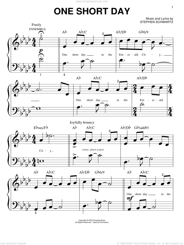 One Short Day (from Wicked) sheet music for piano solo (big note book) by Stephen Schwartz and Wicked (Musical), easy piano (big note book)