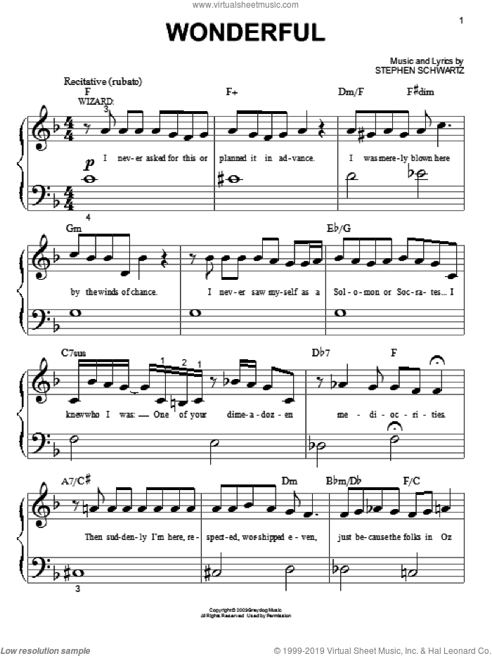 Wonderful (from Wicked) sheet music for piano solo (big note book) by Stephen Schwartz and Wicked (Musical), easy piano (big note book)